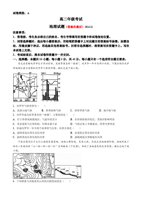 山东省泰安市2024-2025学年高二上学期11月期中考试 地理含答案