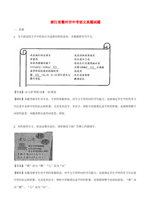 2023年浙江省衢州市中考语文真题试题含解析