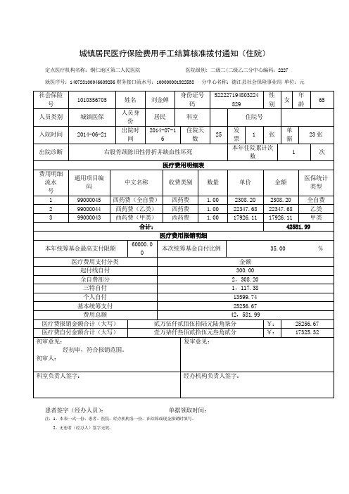 城镇居民医疗保险费用手工结算核准拨付通知