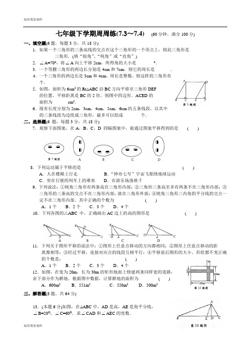 苏科版数学七年级下册-周末练习(7-3-4)