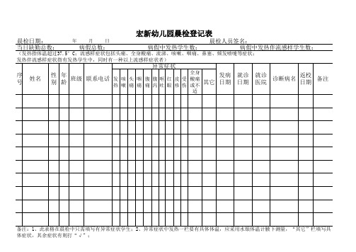 幼儿园学生晨检登记表