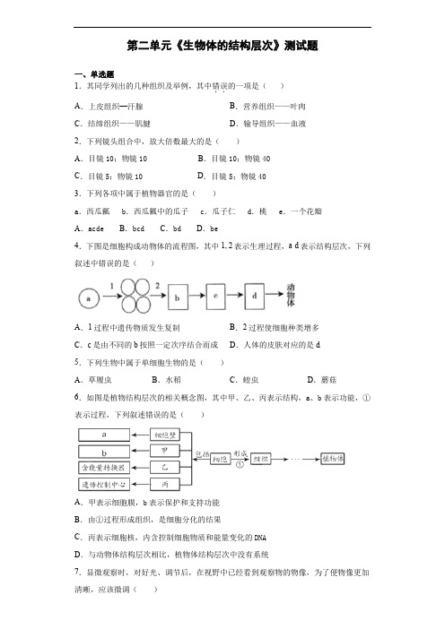 人教版生物七年级上第二单元《生物体的结构层次》测试题(含答案)