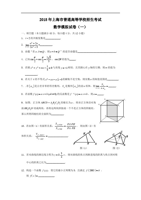 高三数学-2018年上海市普通高等学校招生考试数学模拟