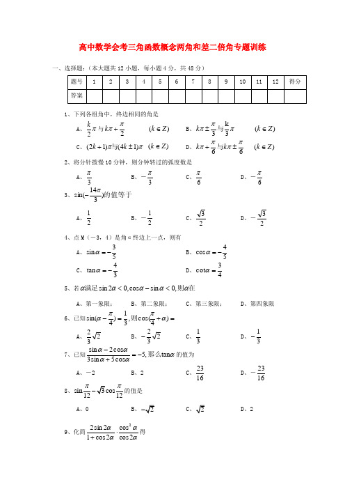 (安徽专用)高考数学总复习 三角函数概念两角和差二倍角会考专题专练