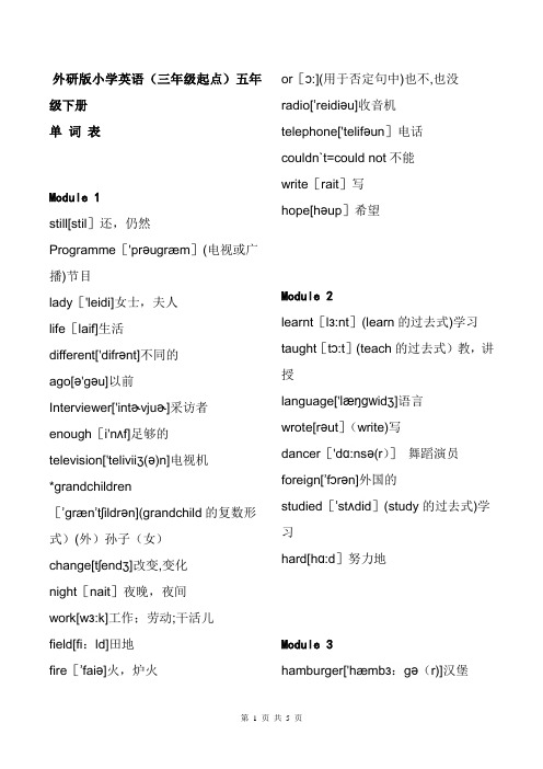 外研社小学英语五年级下册(三年级起点)单词表((带音标)