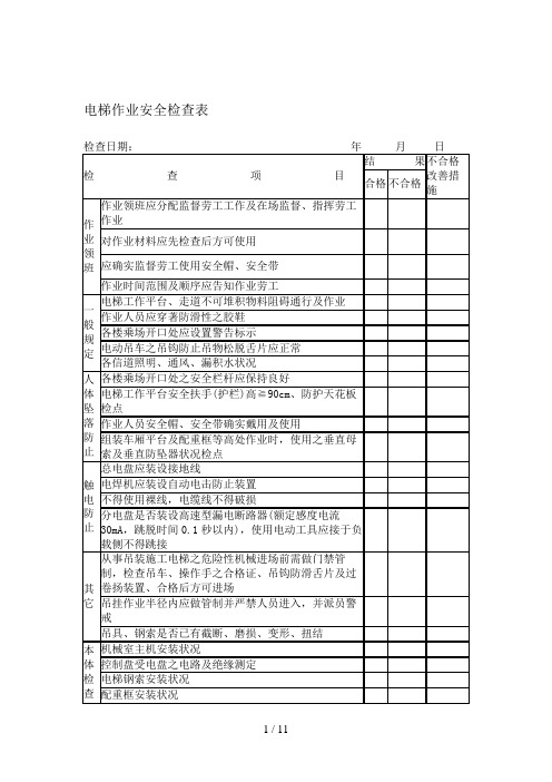 电梯作业安全检查表