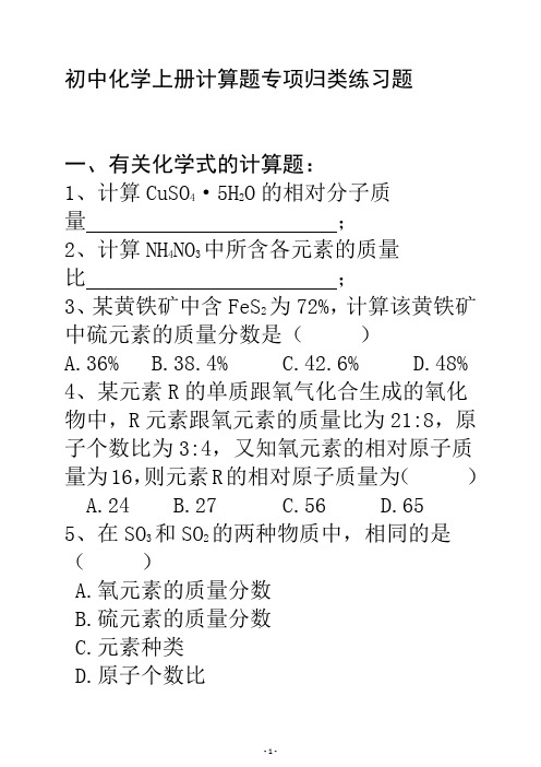 初中化学上册计算题专项归类练习题