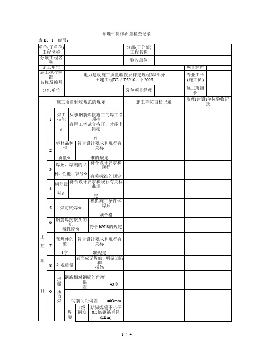 预埋件制作质量检查记录