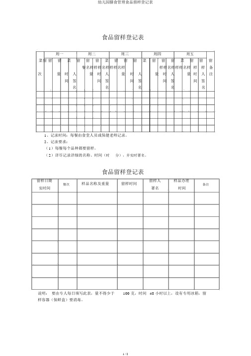 幼儿园膳食管理食品留样登记表