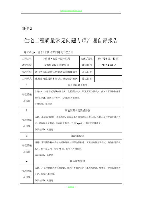 【一期一标段】住宅工程质量常见问题专项治理自评报告