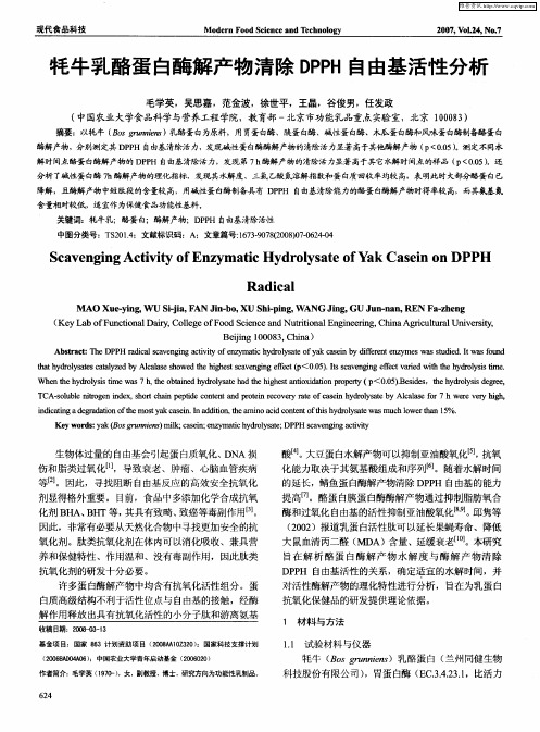 牦牛乳酪蛋白酶解产物清除DPPH自由基活性分析