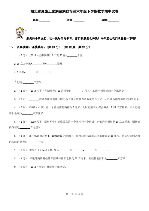 湖北省恩施土家族苗族自治州六年级下学期数学期中试卷