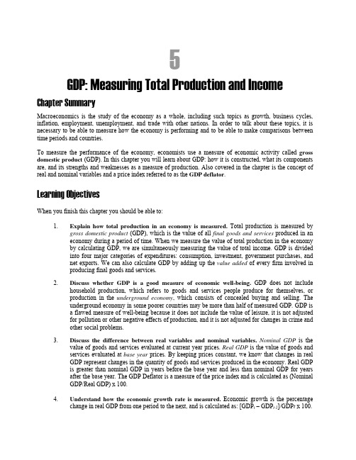 英文版宏观经济学复习提纲 Chapter 5 Chapter 5 GDP Measuring total production and income