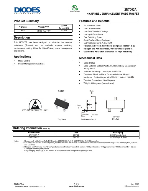 2N7002A N型增强模MOSFET产品说明书