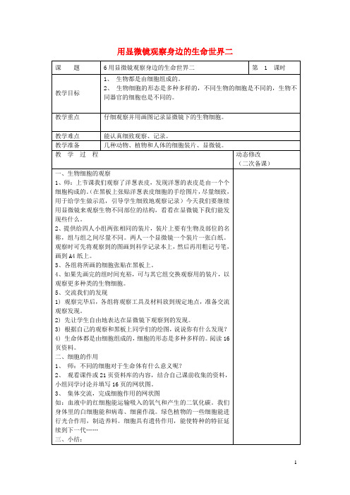 六年级科学下册第一单元微小世界6用显微镜观察身边的生命世界二教案教科版