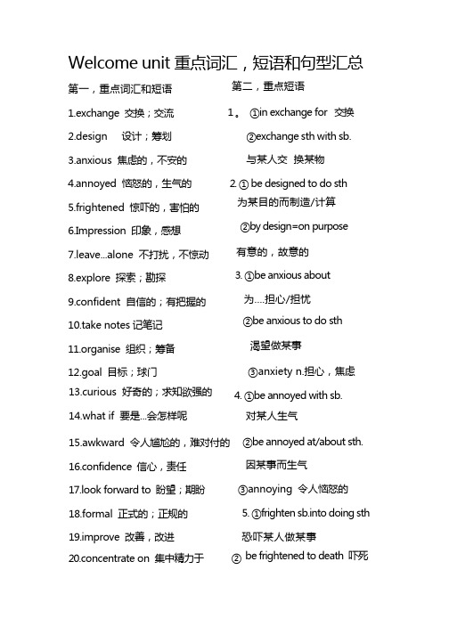 2019人教版新教材高一英语welcome unit重点词汇