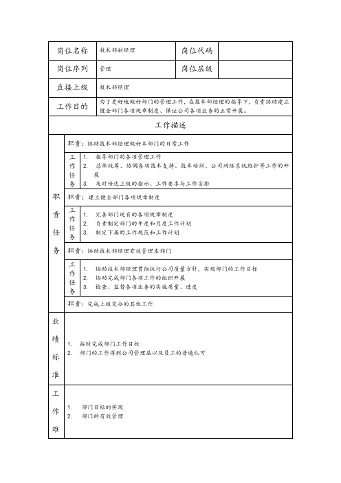 技术部副经理--维护业务类职责岗位说明书