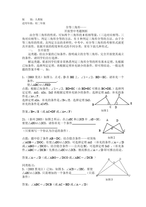 全等三角形中考开放题用