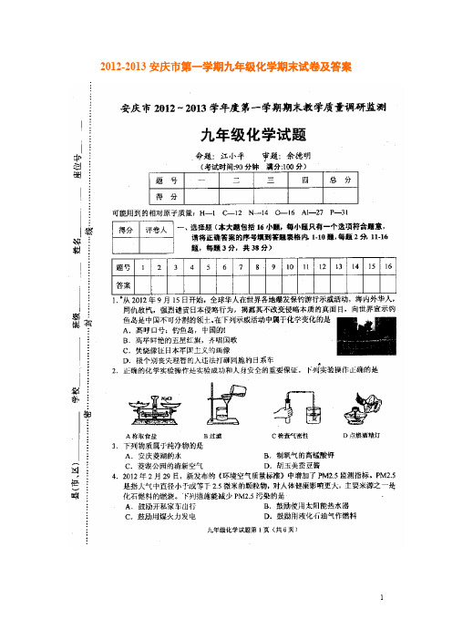 人教版九年级第一学期化学期末试卷及答案