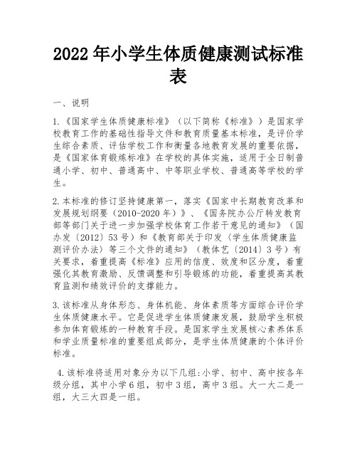 2022年小学生体质健康测试标准表