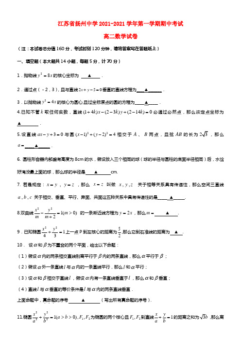 江苏省扬州中学高二数学上学期期中试题 