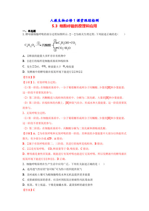 人教生物必修1课堂跟踪检测：5.3 细胞呼吸的原理和应用