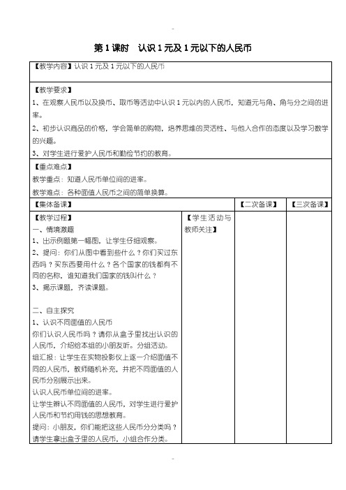 精选(苏教版)2019年春一年级下册数学第五单元第1课时  认识1元及1元以下的人民币