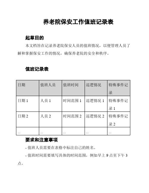 养老院保安工作值班记录表