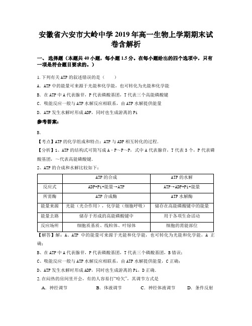 安徽省六安市大岭中学2019年高一生物上学期期末试卷含解析