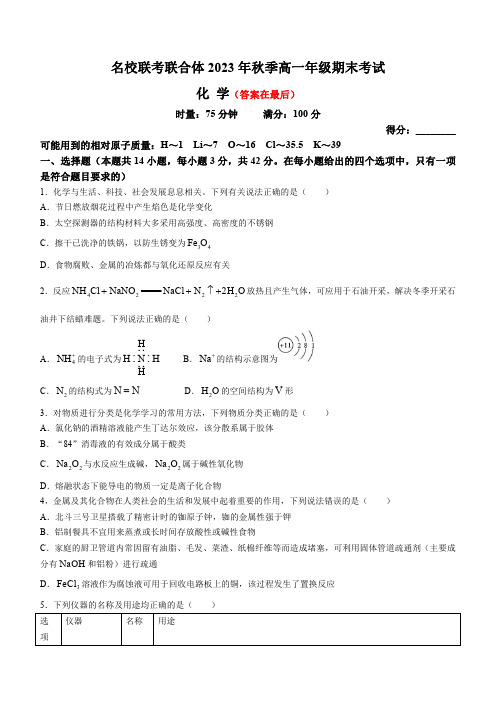 湖南省名校联考联合体2023-2024学年高一上学期期末考试化学试题含解析