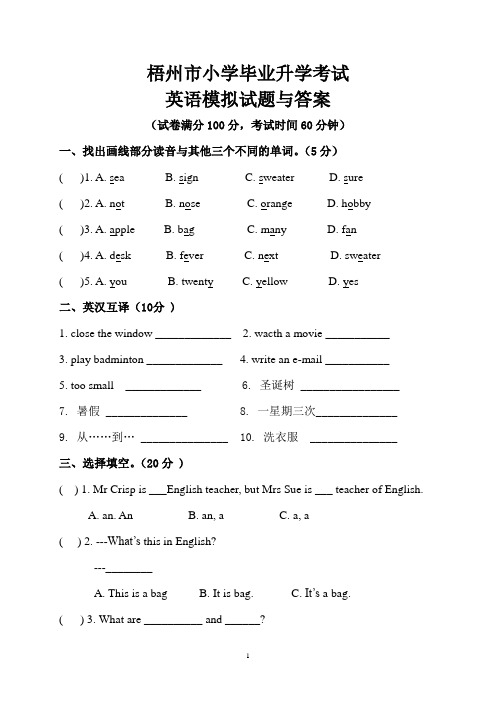 梧州市小学毕业升学考试英语模拟试题与答案