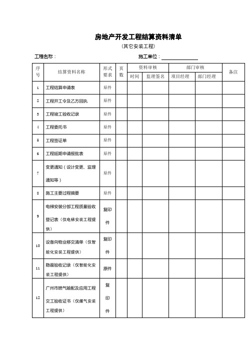 房地产开发工程结算资料清单