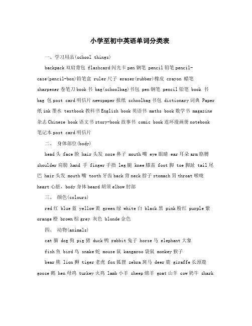 小学至初中英语单词分类表