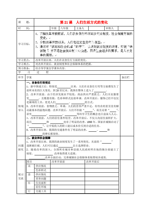 湖北武汉为明实验学校八年级历史下册 第21课《 人们生活方式的变化》学案(无答案) 鲁教版