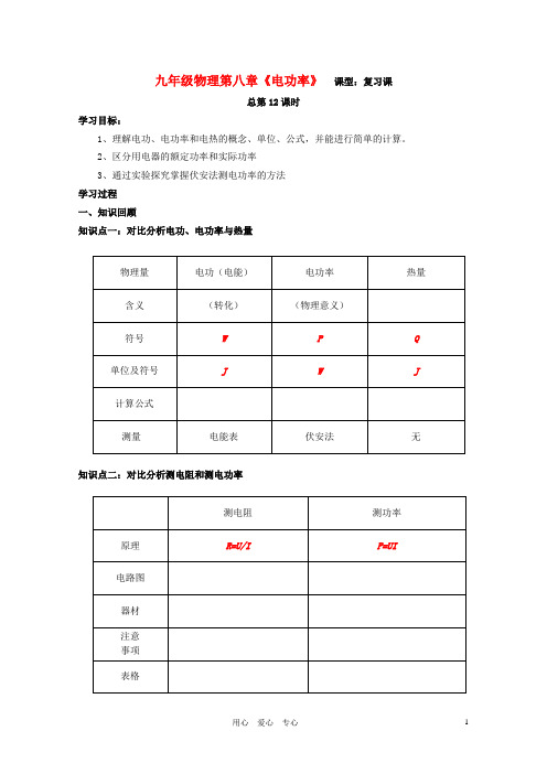 九年级物理 第八章、《电功率》第一轮复习学案 人教新课标版