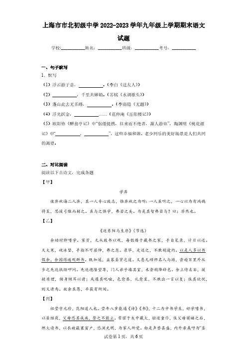 上海市市北初级中学2022-2023学年九年级上学期期末语文试题