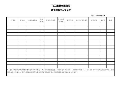 化工股份有限公司施工物料出入登记表(WORD2页)