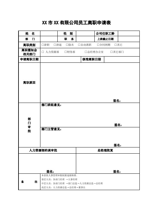 公司员工离职申请表