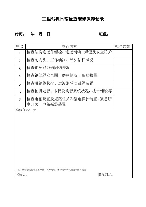 工程钻机日常检查维修保养记录