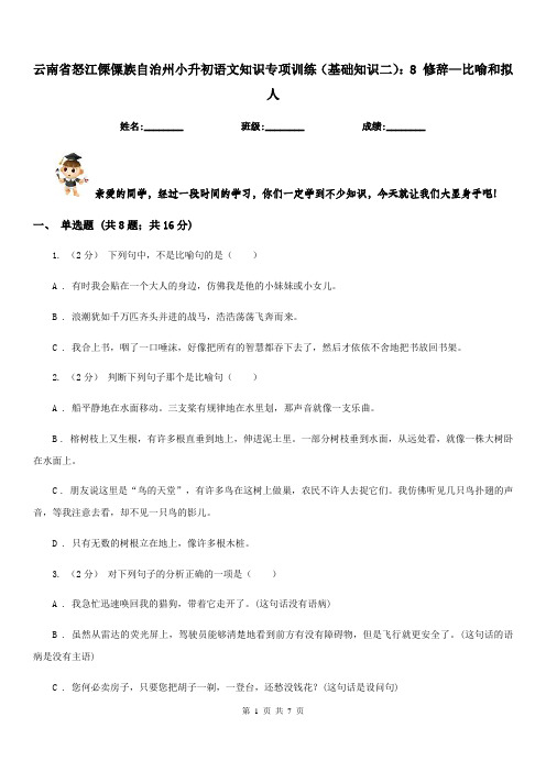 云南省怒江傈僳族自治州小升初语文知识专项训练(基础知识二)：8修辞—比喻和拟人