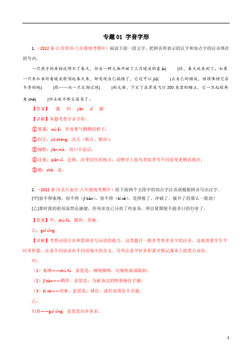 专题01：字音字形2022-2023学年八年级语文下学期期中期末考点大串讲(部编版)(解析版)