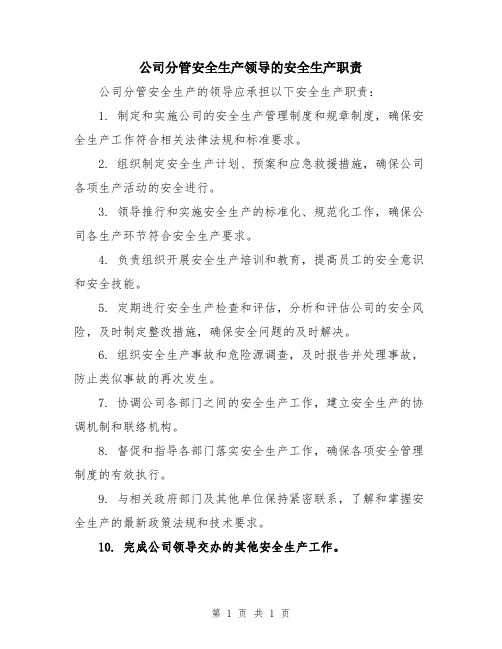 公司分管安全生产领导的安全生产职责