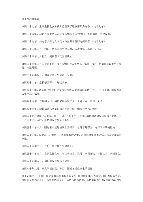 雍正帝后宫年表