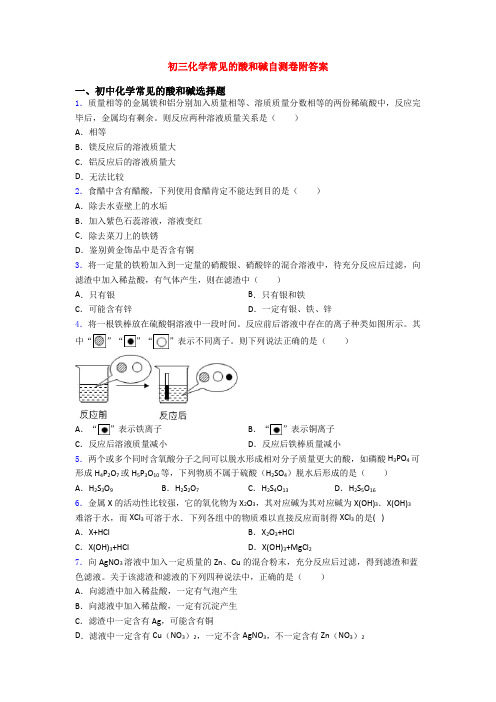 初三化学常见的酸和碱自测卷附答案