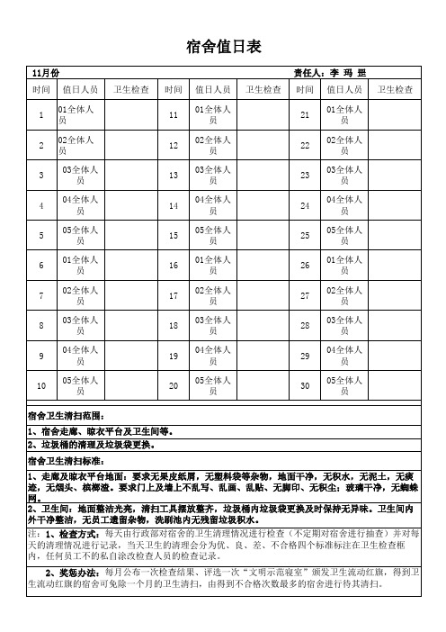 员工宿舍卫生值日表