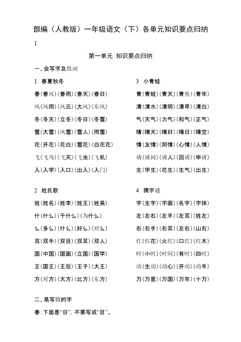 部编(人教版)一年级语文下册单元知识要点归纳-全册