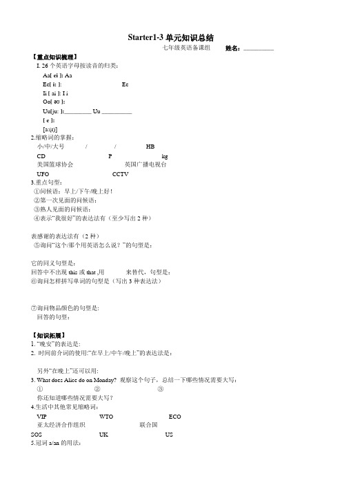 人教新目标七年级英语上册Starter 1-3单元知识总结