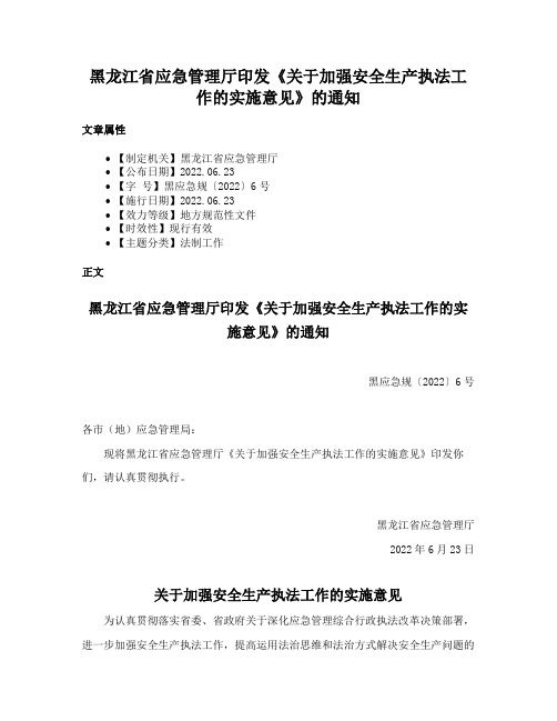 黑龙江省应急管理厅印发《关于加强安全生产执法工作的实施意见》的通知