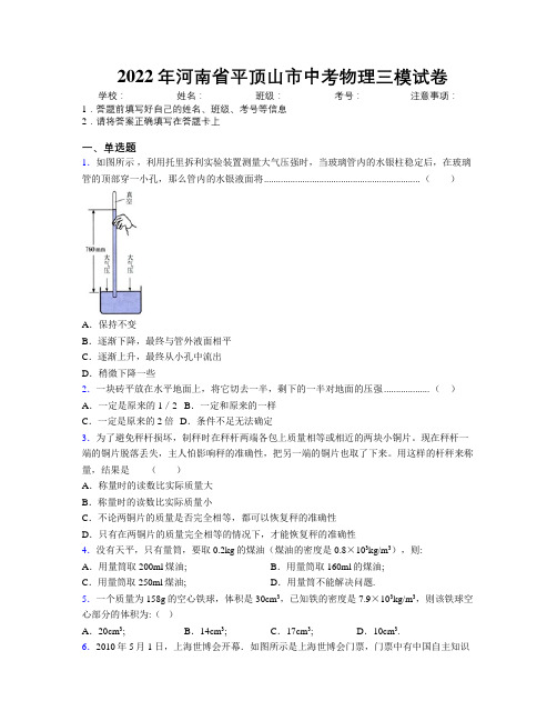 最新2022年河南省平顶山市中考物理三模试卷附解析