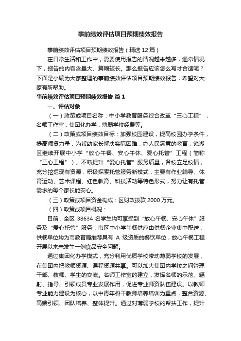 事前绩效评估项目预期绩效报告（精选12篇）